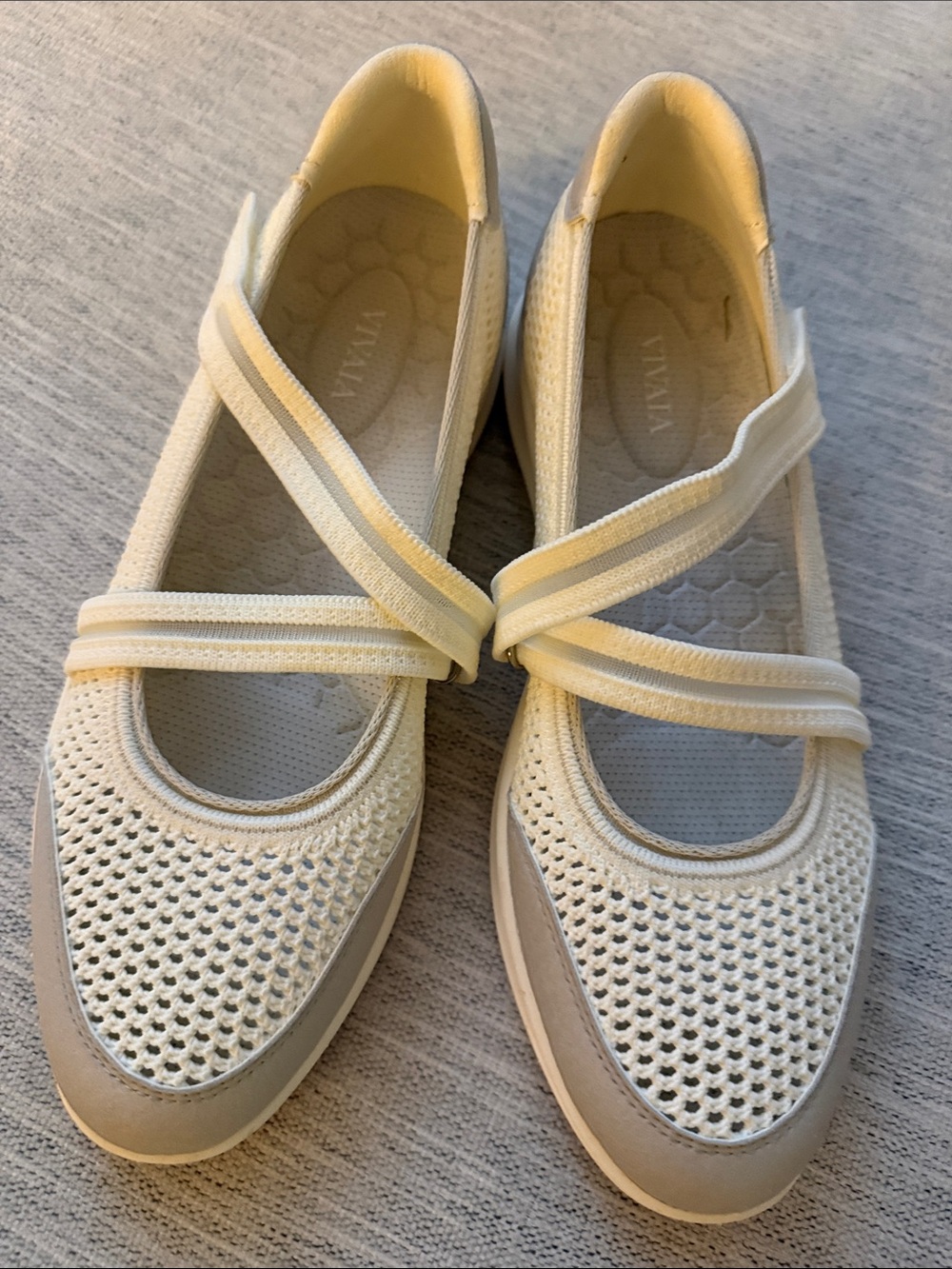 Vivaia Cream Knit Mary Jane Flats with Cross Straps